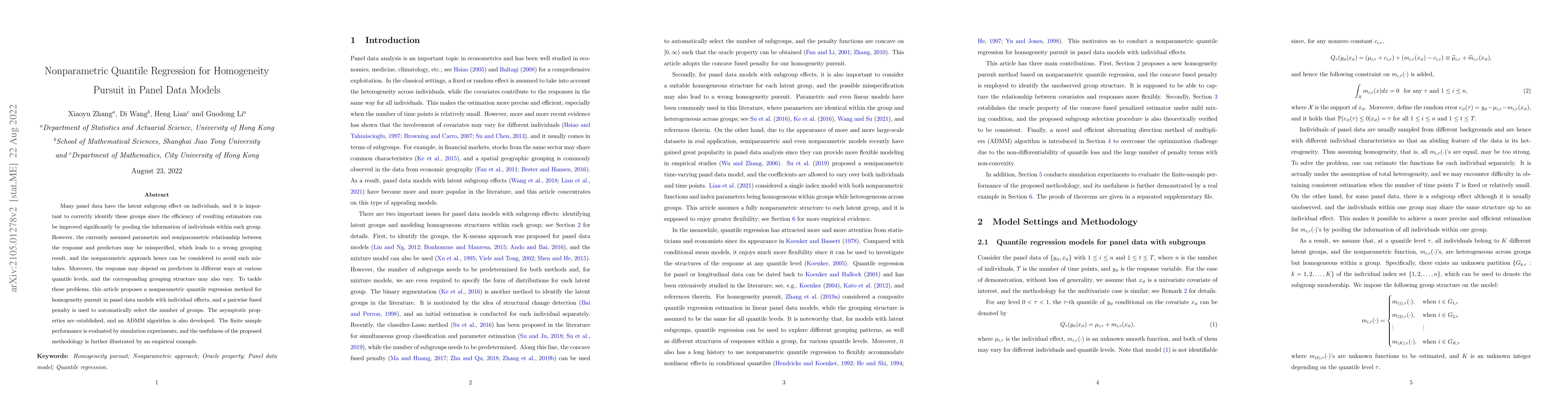 Thumbnail for Nonparametric Quantile Regression for Homogeneity Pursuit in Panel Data
  Models