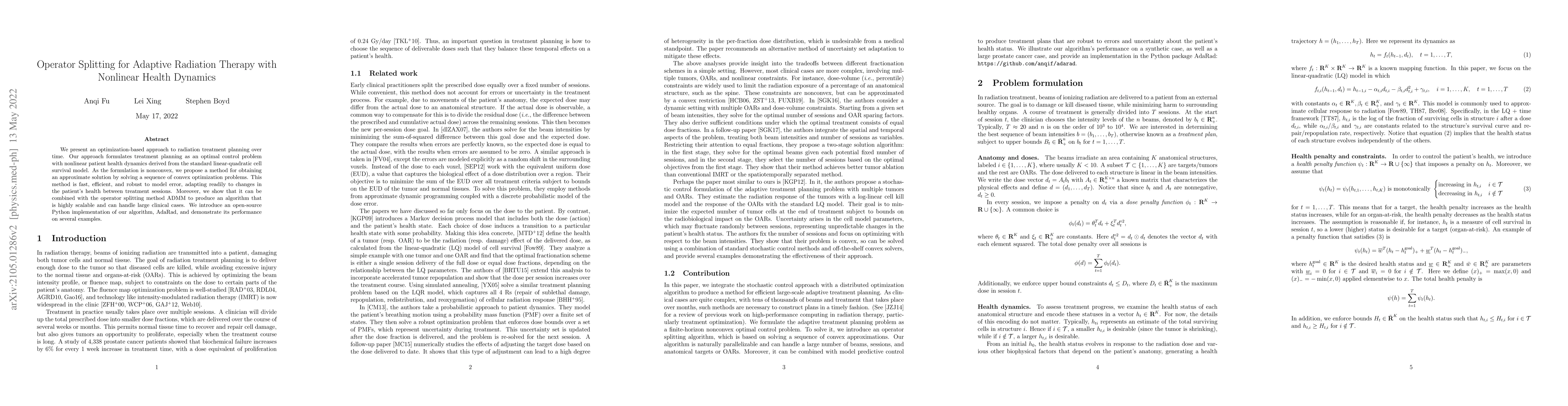 Thumbnail for Operator Splitting for Adaptive Radiation Therapy with Nonlinear Health
  Dynamics