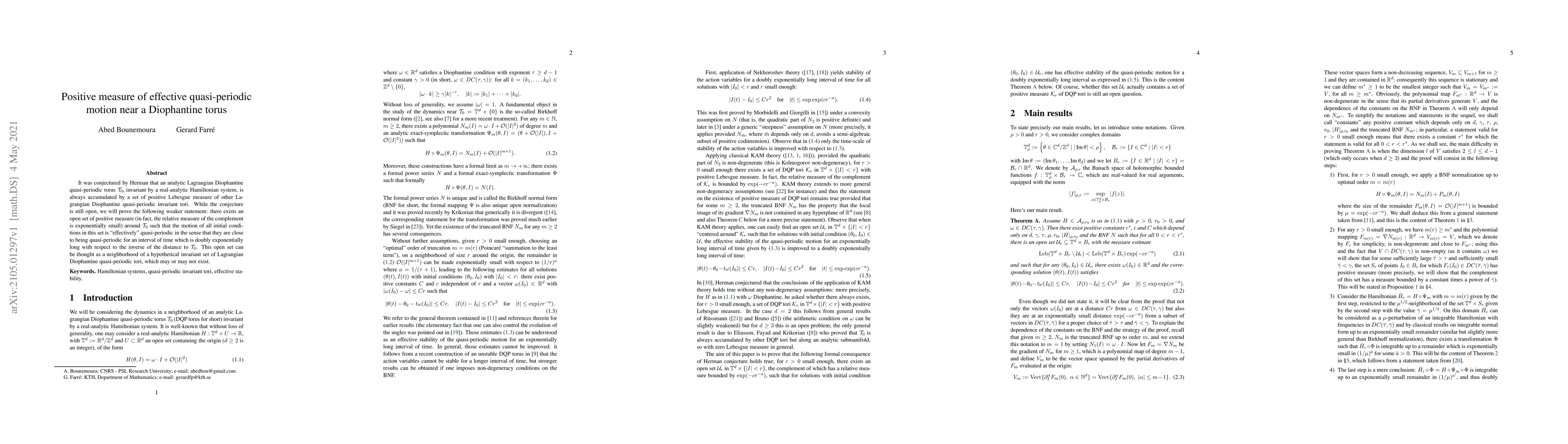 Thumbnail for Positive measure of effective quasi-periodic motion near a Diophantine
  torus