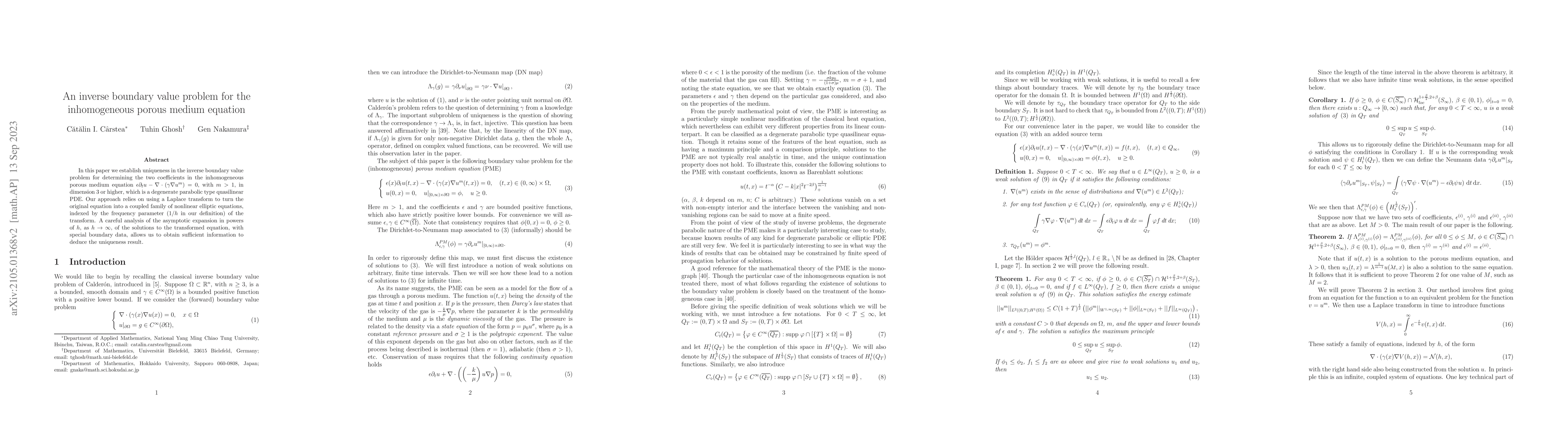 Thumbnail for An inverse boundary value problem for the inhomogeneous porous medium
  equation