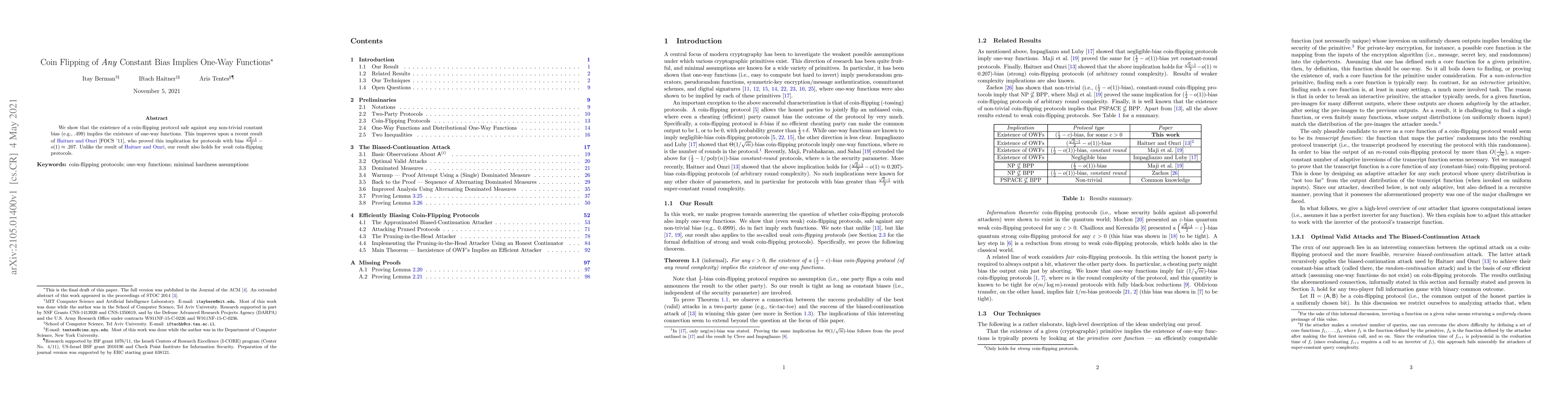 Thumbnail for Coin Flipping of \emph{Any} Constant Bias Implies One-Way Functions