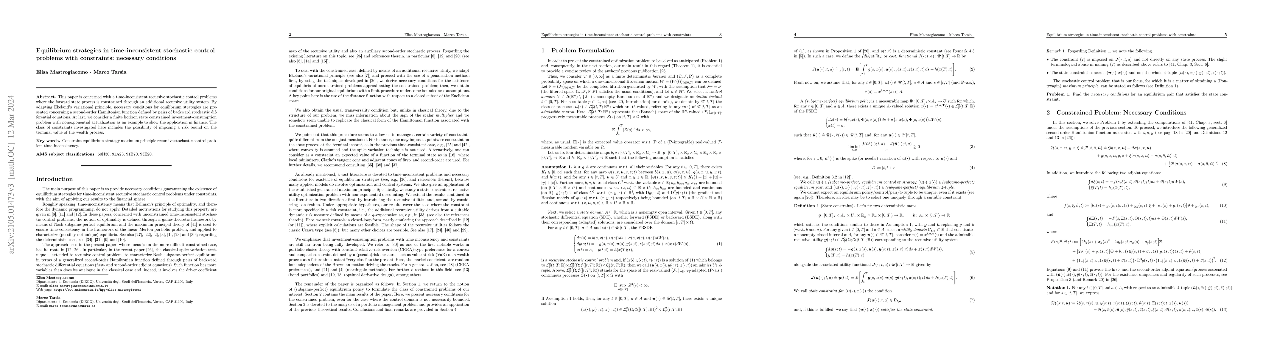 Thumbnail for Equilibrium strategies in time-inconsistent stochastic control problems
  with constraints: necessary conditions