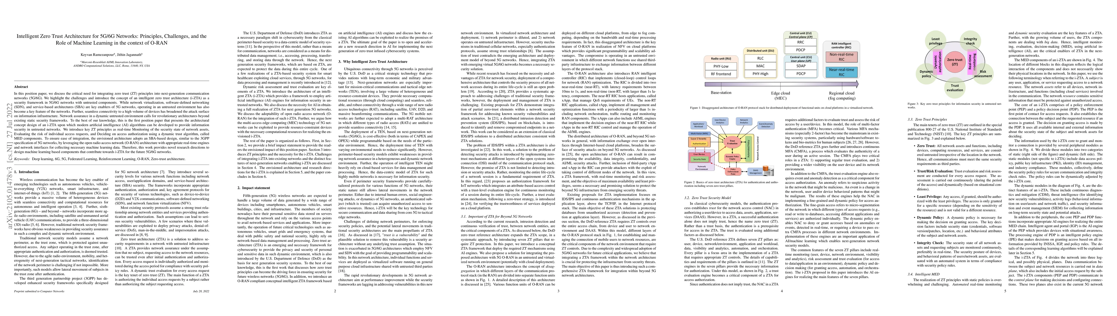 Thumbnail for Intelligent Zero Trust Architecture for 5G/6G Networks: Principles,
  Challenges, and the Role of Machine Learning in the context of O-RAN