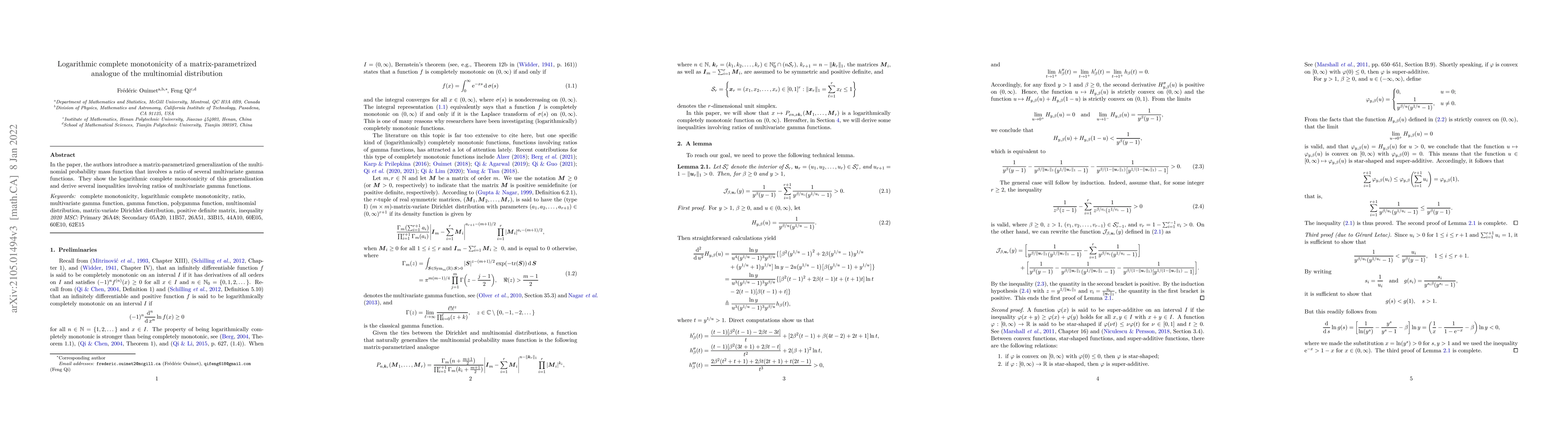 Thumbnail for Logarithmic complete monotonicity of a matrix-parametrized analogue of
  the multinomial distribution