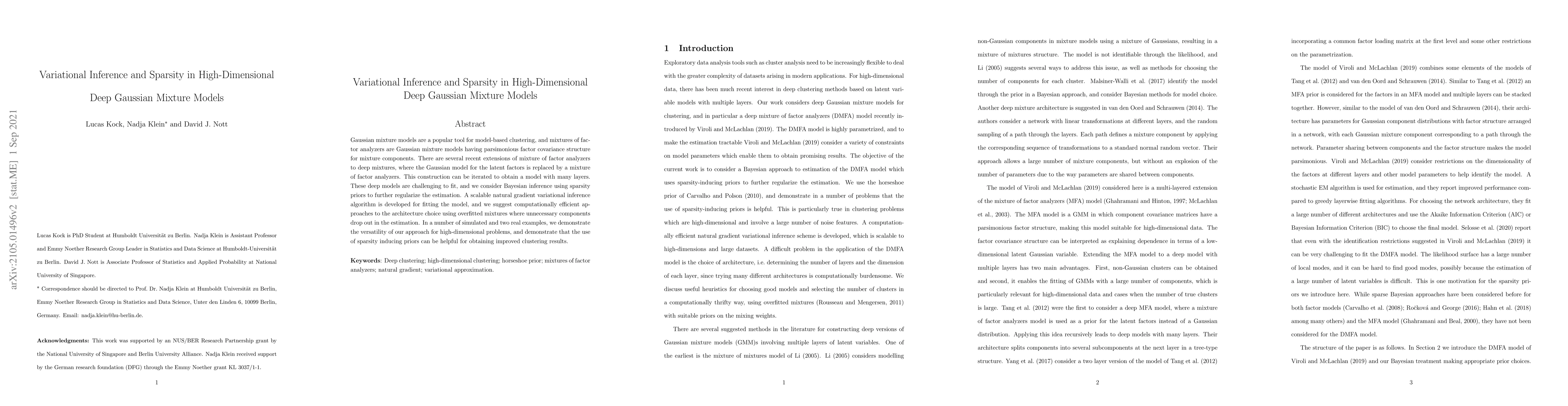 Thumbnail for Variational Inference and Sparsity in High-Dimensional Deep Gaussian
  Mixture Models