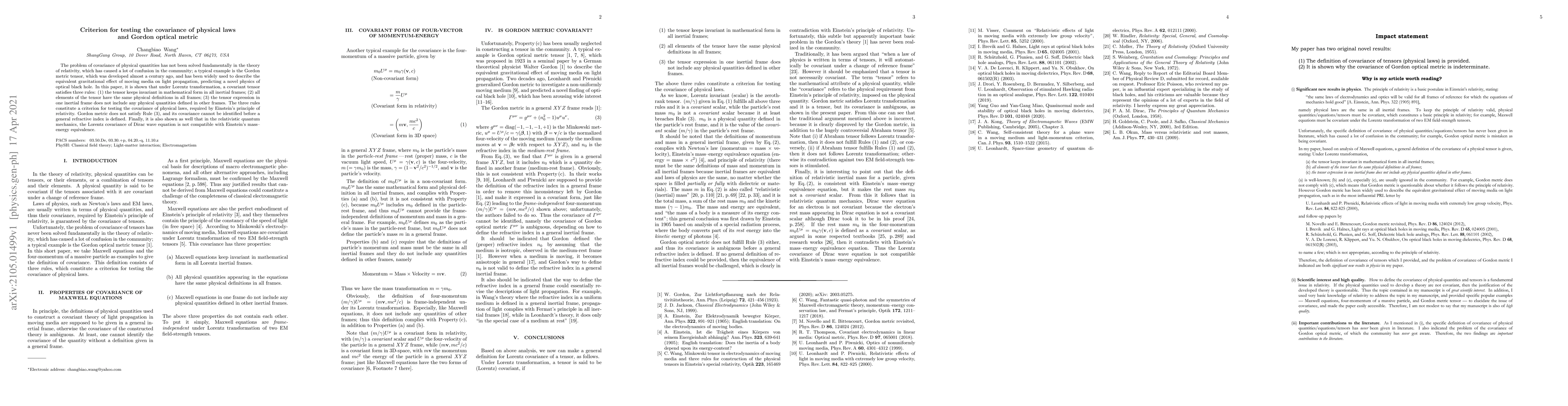 Thumbnail for Criterion for testing the covariance of physical laws and Gordon optical
  metric