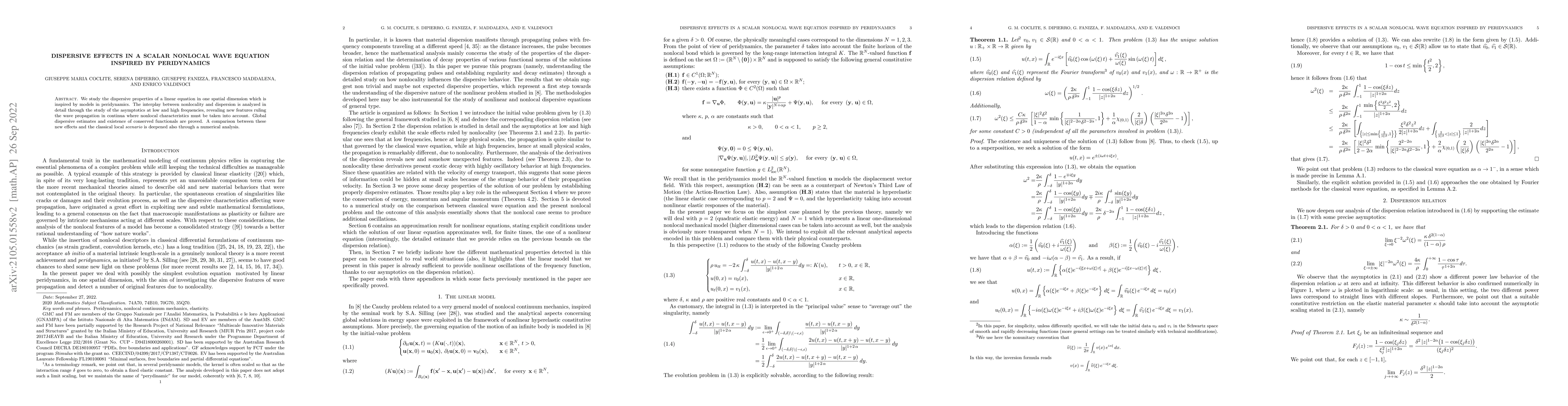 Thumbnail for Dispersive effects in a scalar nonlocal wave equation inspired by
  peridynamics