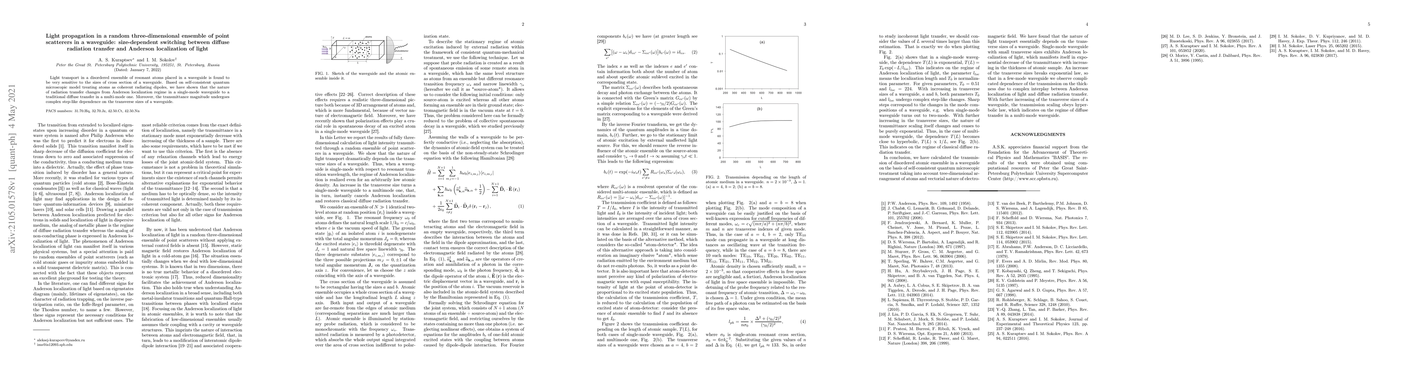 Thumbnail for Light propagation in a random three-dimensional ensemble of point
  scatterers in a waveguide: size-dependent switching between diffuse radiation
  transfer and Anderson localization of light