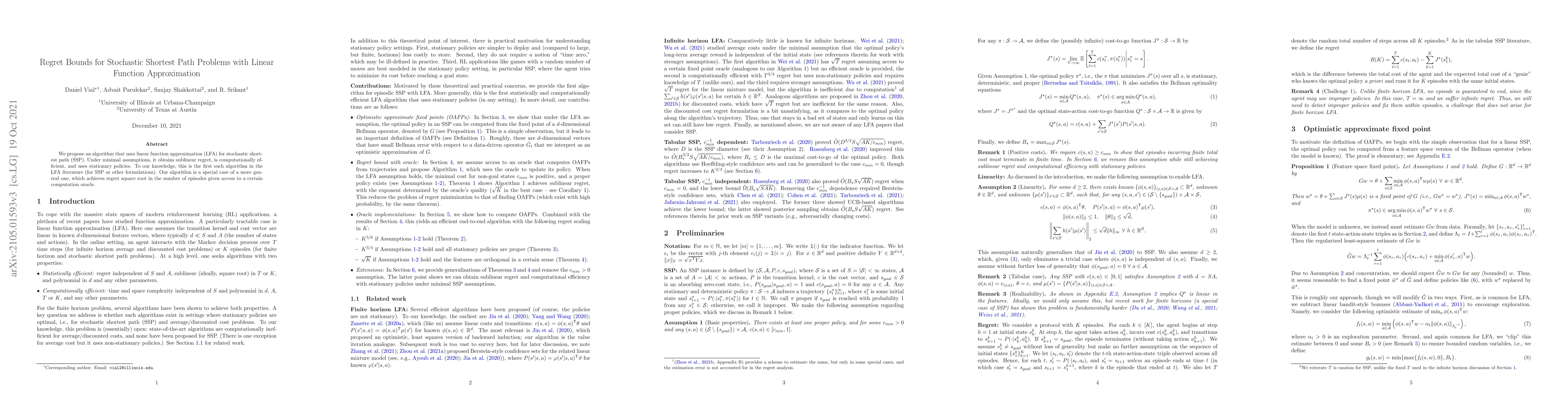 Thumbnail for Regret Bounds for Stochastic Shortest Path Problems with Linear Function
  Approximation