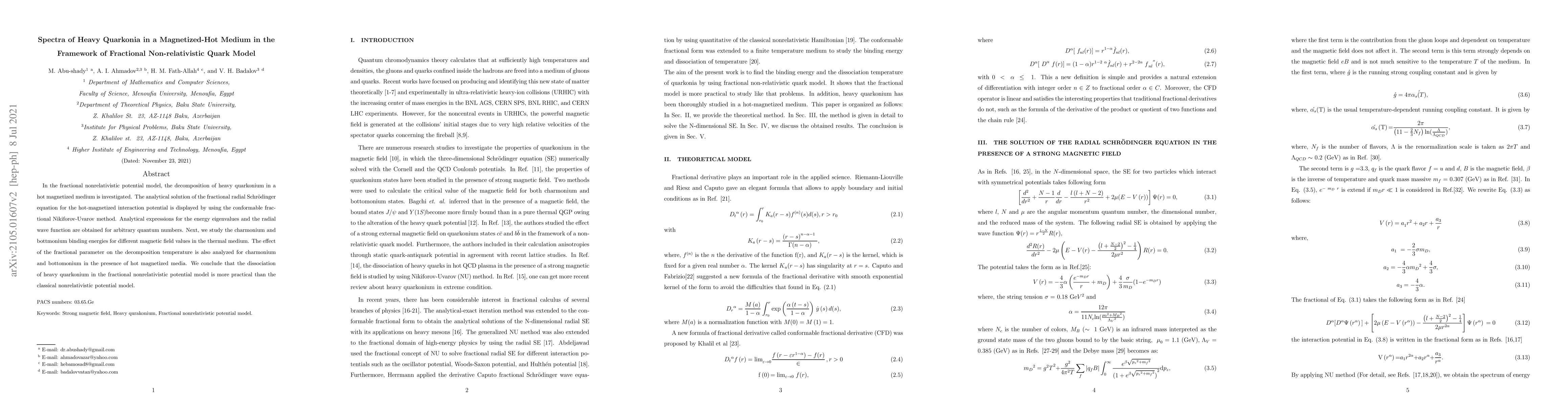 Thumbnail for Spectra of Heavy Quarkonia in a Magnetized-Hot Medium in the Framework
  of Fractional Non-relativistic Quark Model