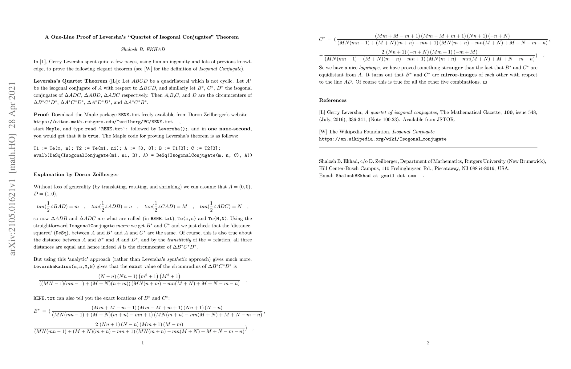 Thumbnail for A One-Line Proof of Leversha's "Quartet of Isogonal Conjugates" Theorem
