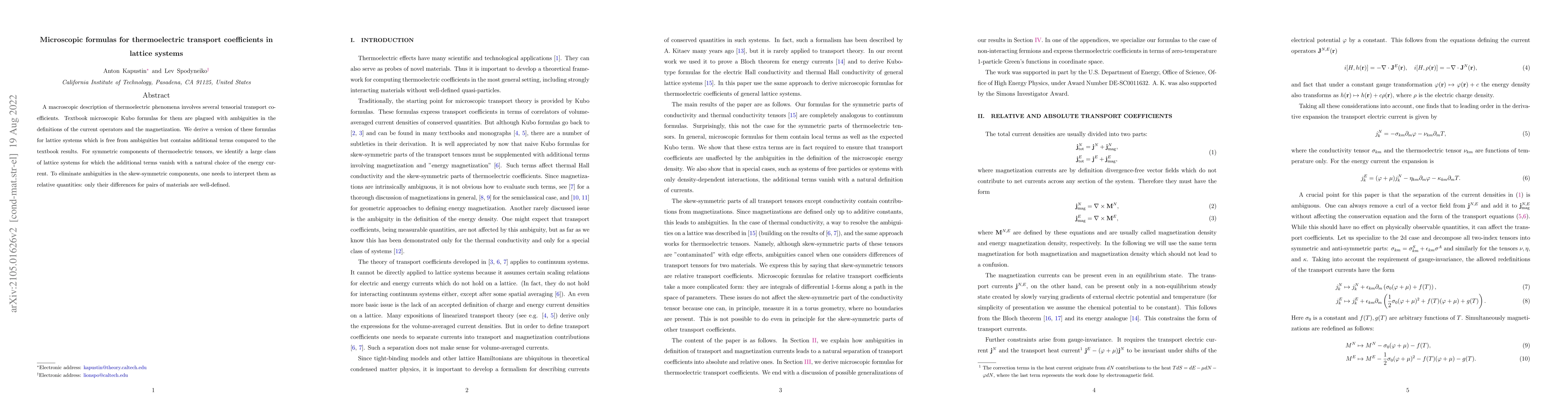 Thumbnail for Microscopic formulas for thermoelectric transport coefficients in
  lattice systems
