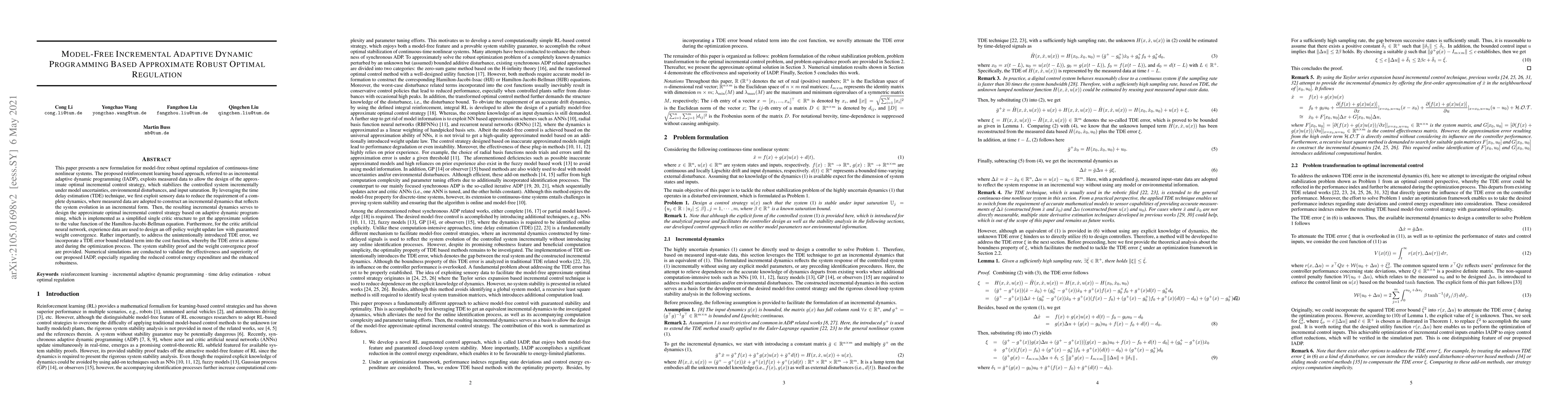 Thumbnail for Model-Free Incremental Adaptive Dynamic Programming Based Approximate
  Robust Optimal Regulation
