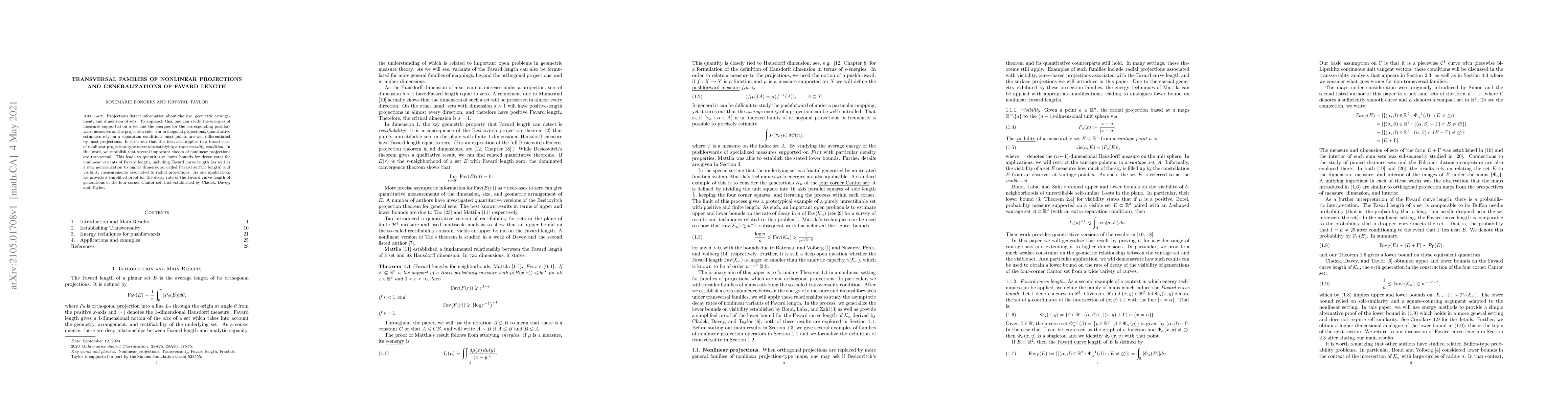 Thumbnail for Transversal families of nonlinear projections and generalizations of
  Favard length