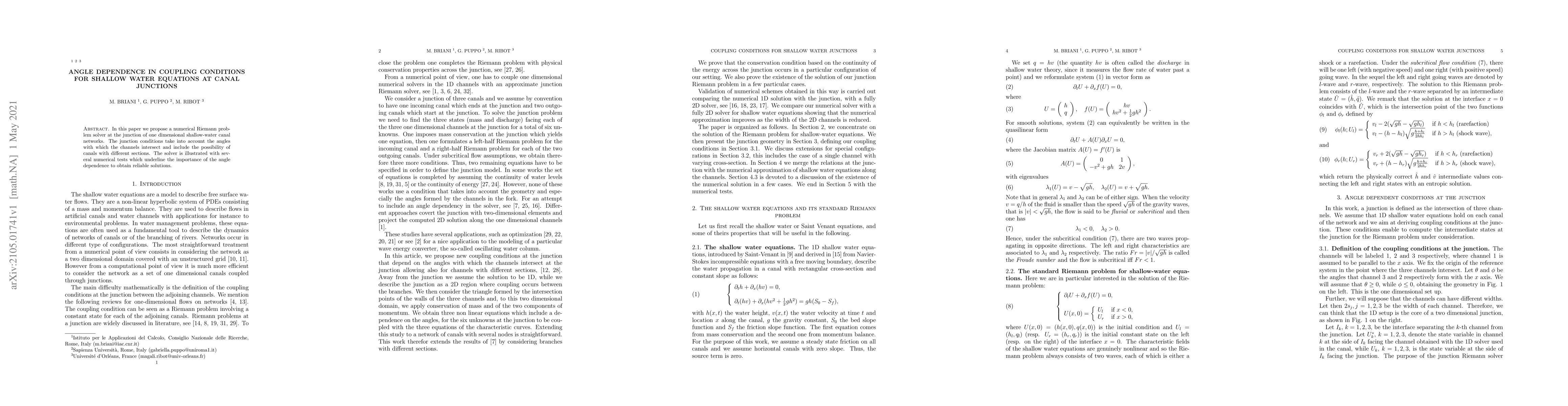Thumbnail for Angle dependence in coupling conditions for shallow water equations at
  canal junctions
