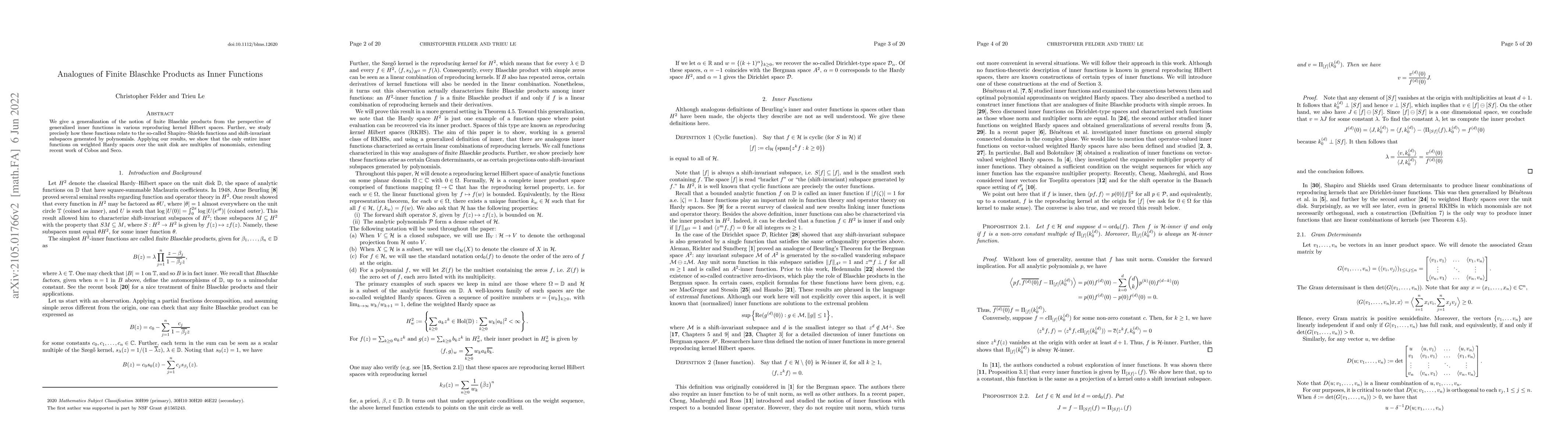 Thumbnail for Analogues of Finite Blaschke Products as Inner Functions
