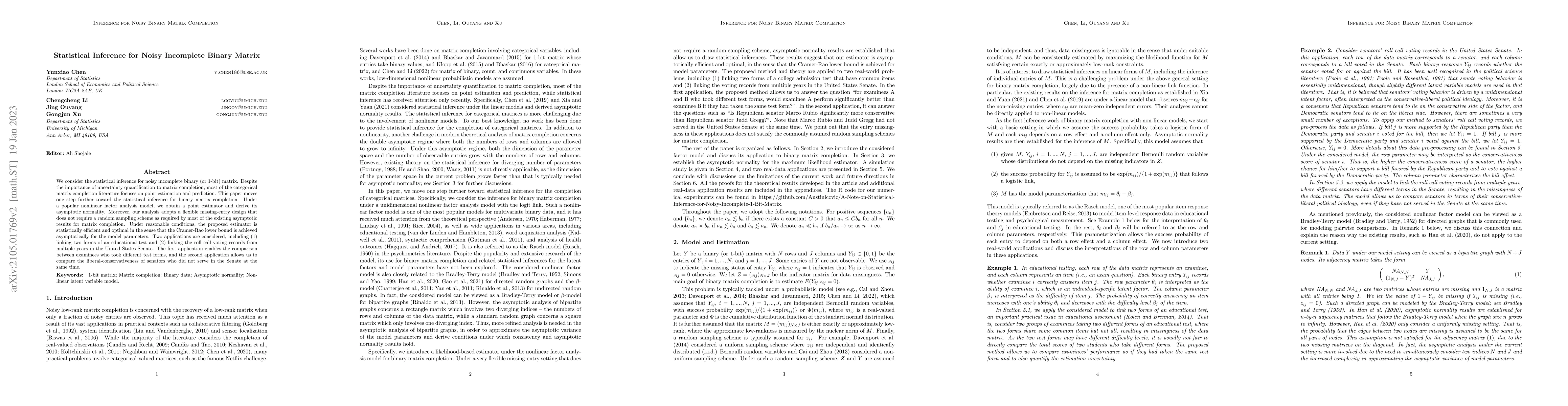 Thumbnail for Statistical Inference for Noisy Incomplete Binary Matrix