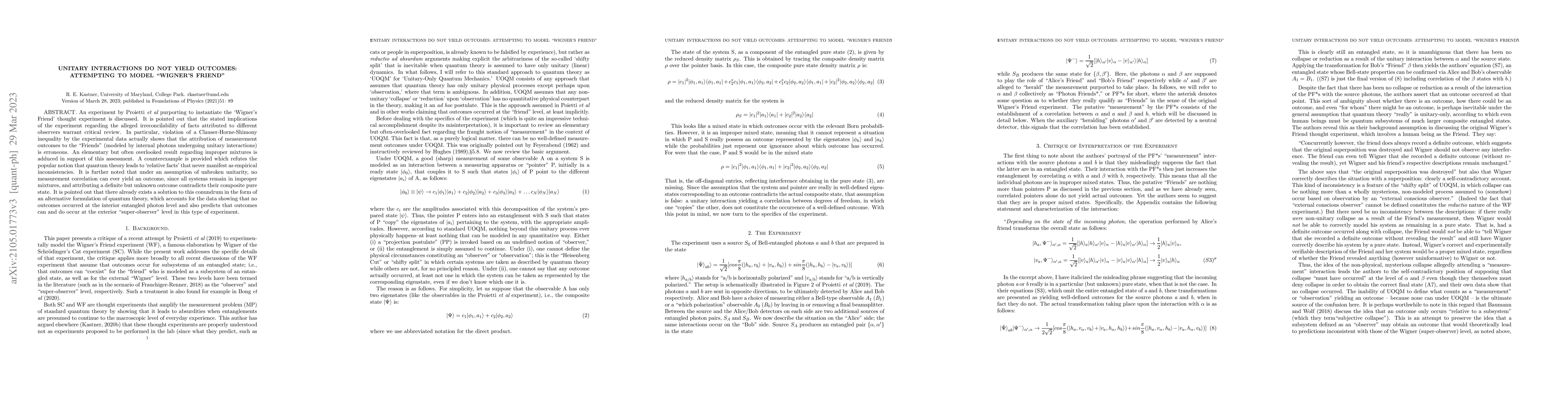 Thumbnail for Unitary Interactions Do Not Yield Outcomes: Attempting to Model
  "Wigner's Friend"