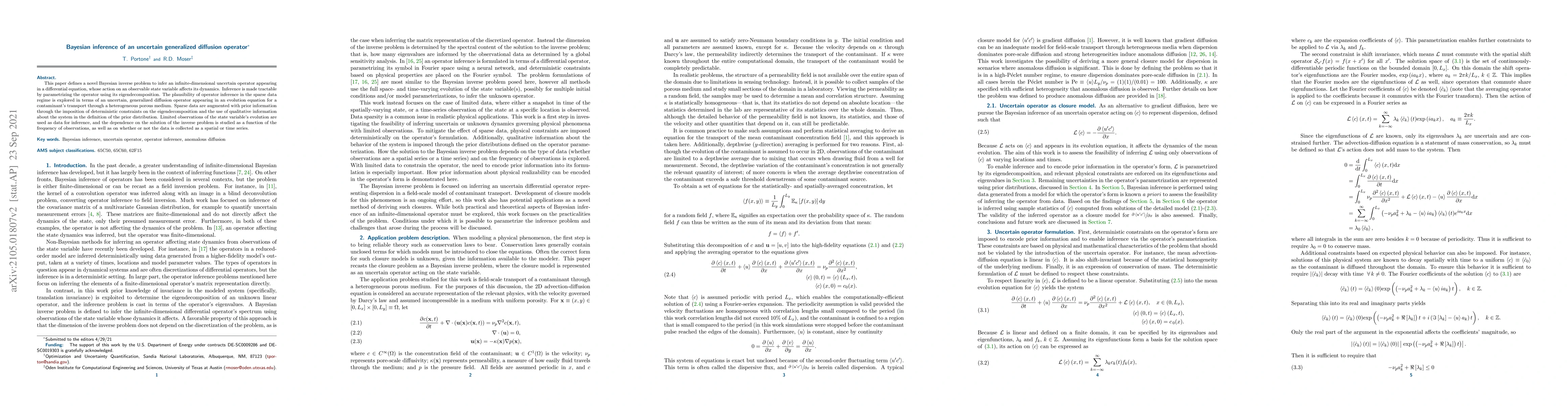 Thumbnail for Bayesian inference of an uncertain generalized diffusion operator