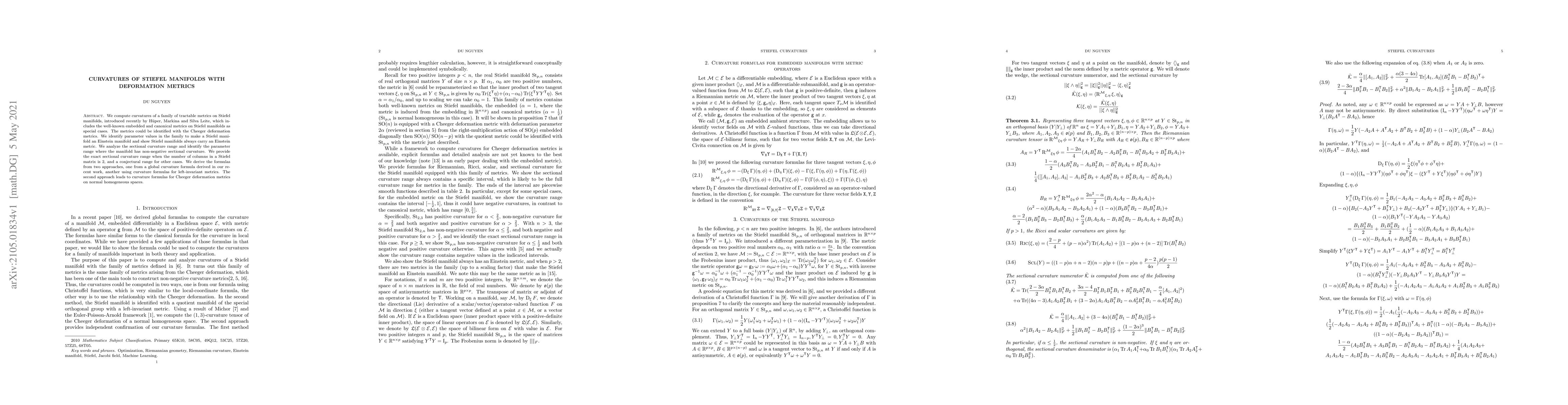 Thumbnail for Curvatures of Stiefel manifolds with deformation metrics