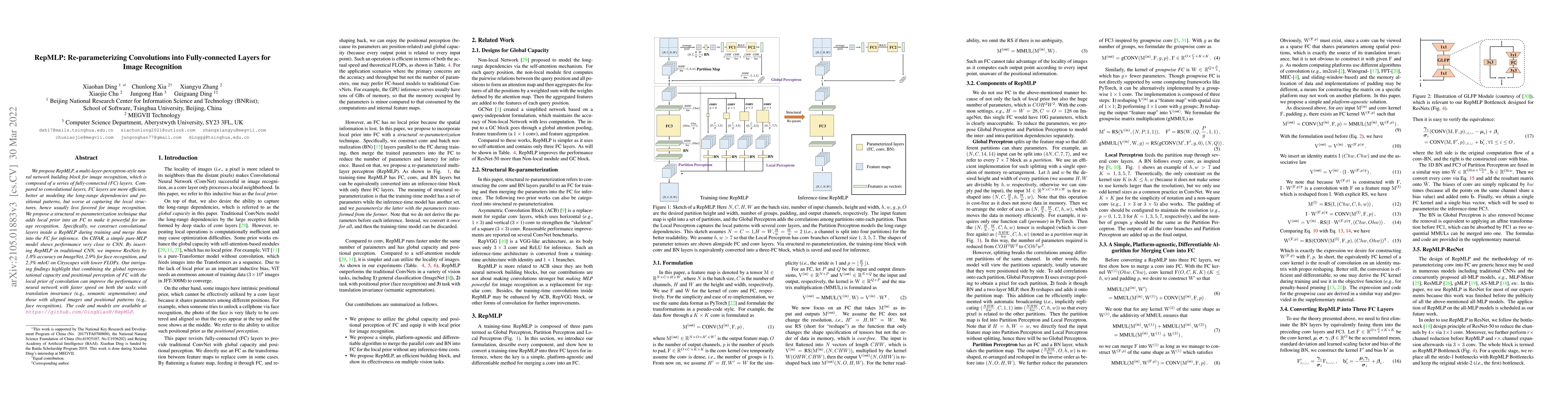 Thumbnail for RepMLP: Re-parameterizing Convolutions into Fully-connected Layers for
  Image Recognition
