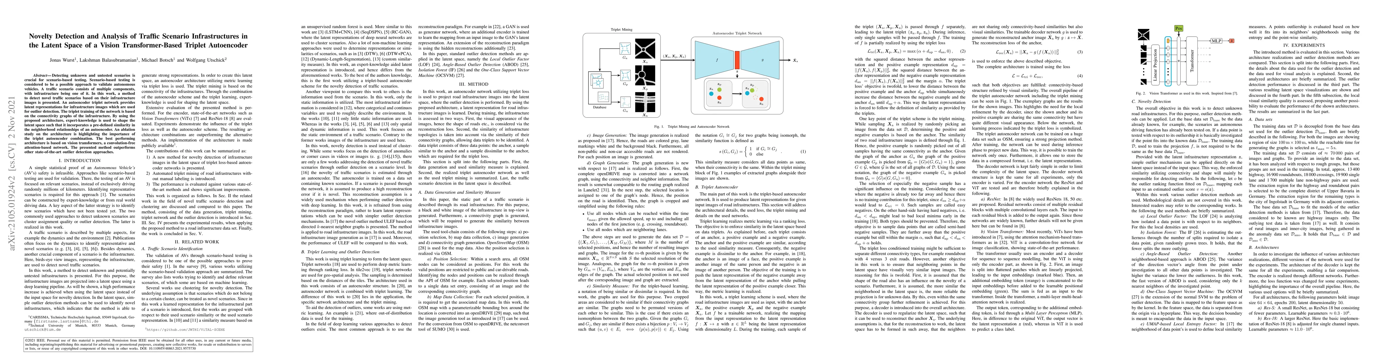 Thumbnail for Novelty Detection and Analysis of Traffic Scenario Infrastructures in
  the Latent Space of a Vision Transformer-Based Triplet Autoencoder