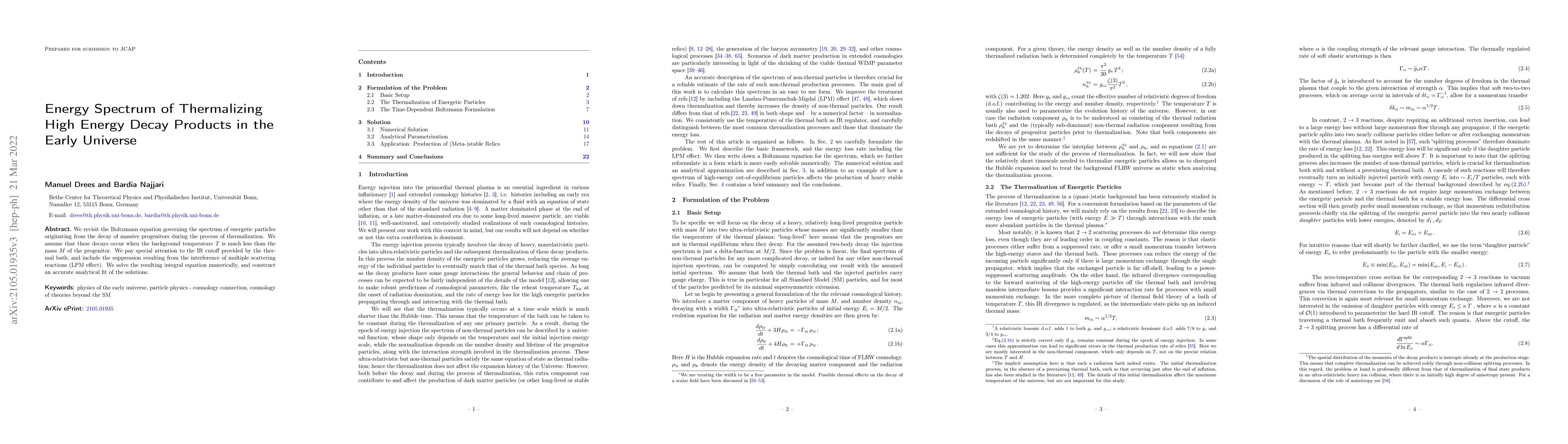 Thumbnail for Energy Spectrum of Thermalizing High Energy Decay Products in the Early
  Universe
