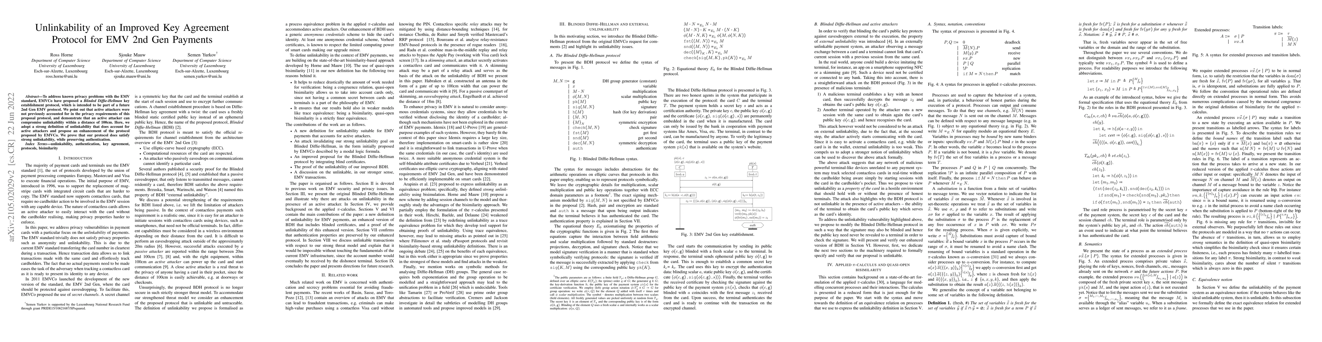 Thumbnail for Unlinkability of an Improved Key Agreement Protocol for EMV 2nd Gen
  Payments
