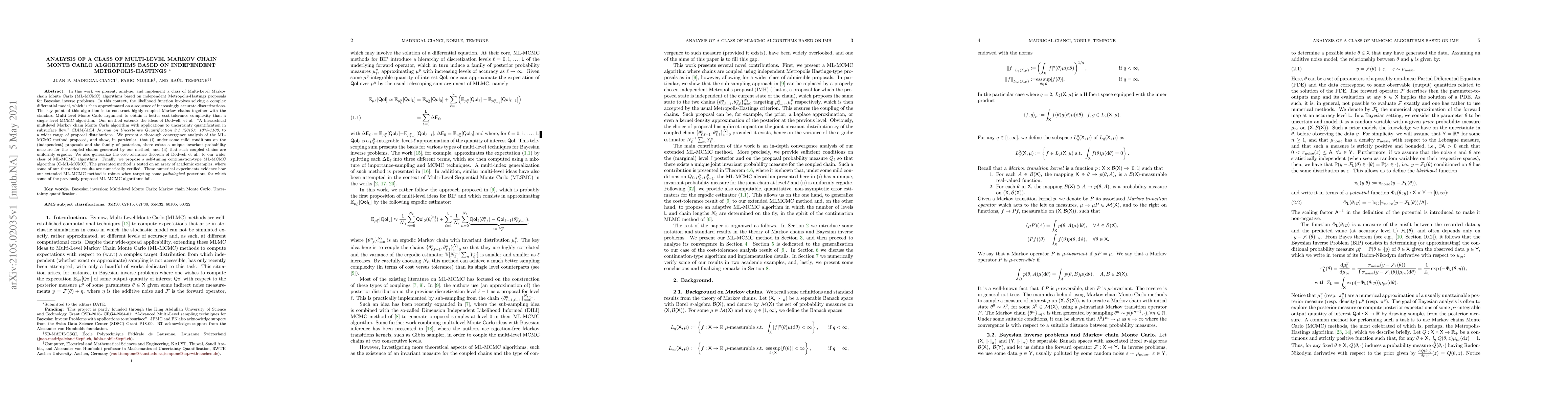 Thumbnail for Analysis of a class of Multi-Level Markov Chain Monte Carlo algorithms
  based on Independent Metropolis-Hastings