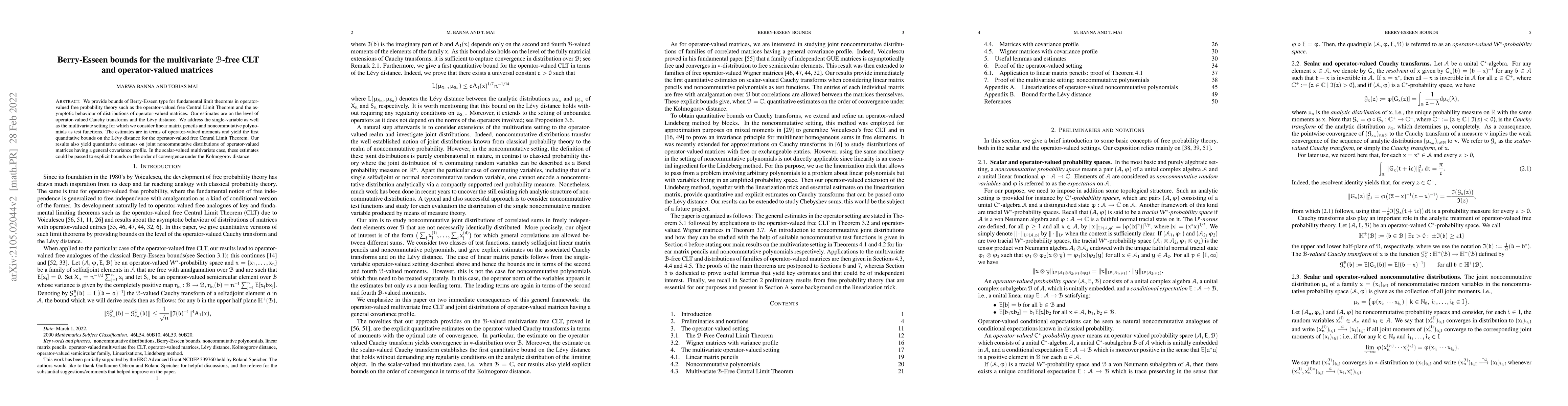 Thumbnail for Berry-Esseen bounds for the multivariate $\mathcal{B}$-free CLT and
  operator-valued matrices