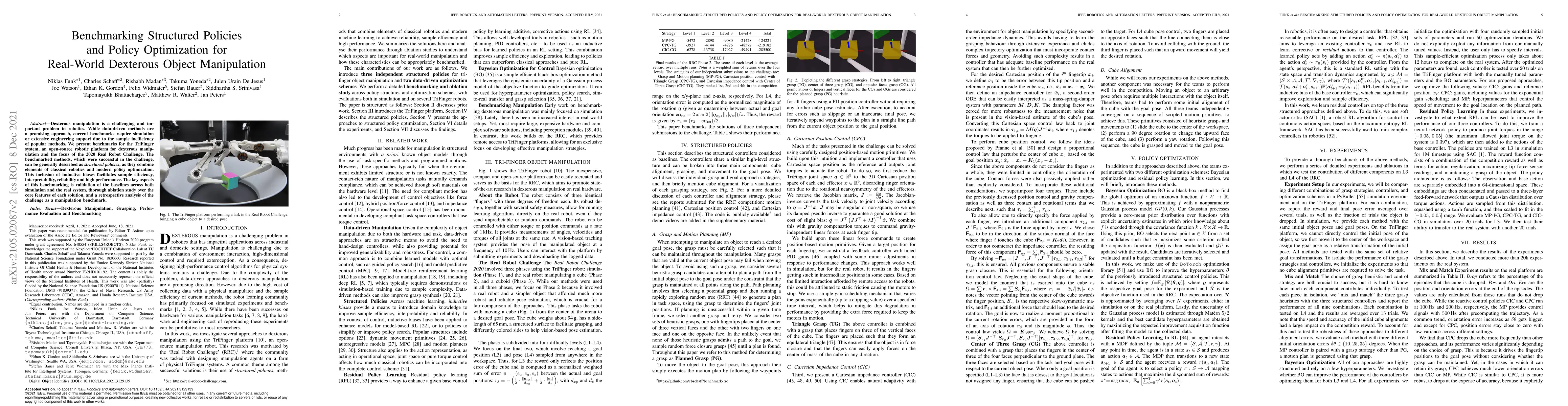 Thumbnail for Benchmarking Structured Policies and Policy Optimization for Real-World
  Dexterous Object Manipulation