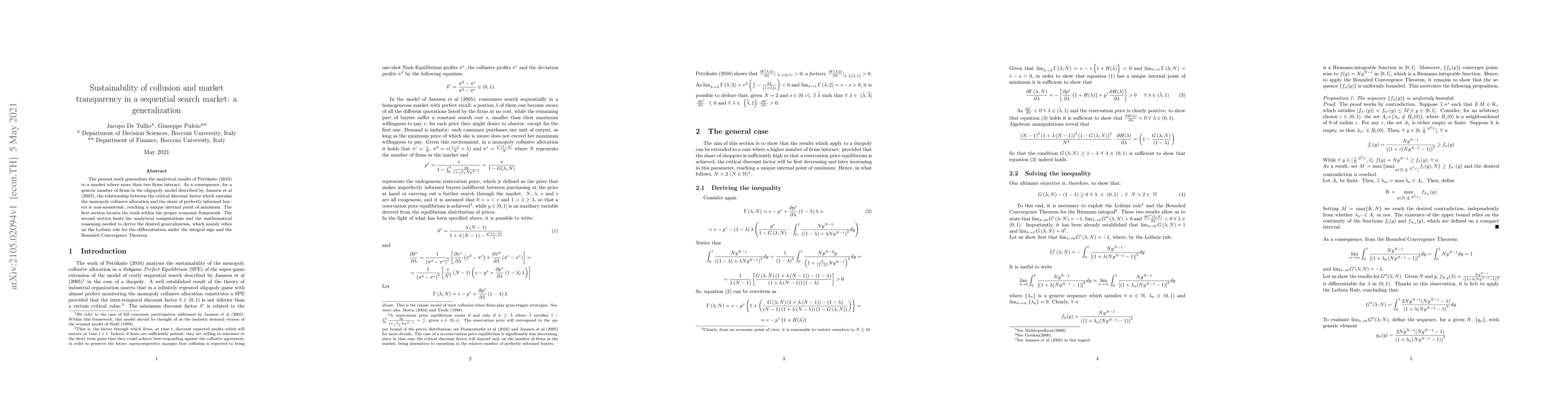 Thumbnail for Sustainability of Collusion and Market Transparency in a Sequential
  Search Market: a Generalization