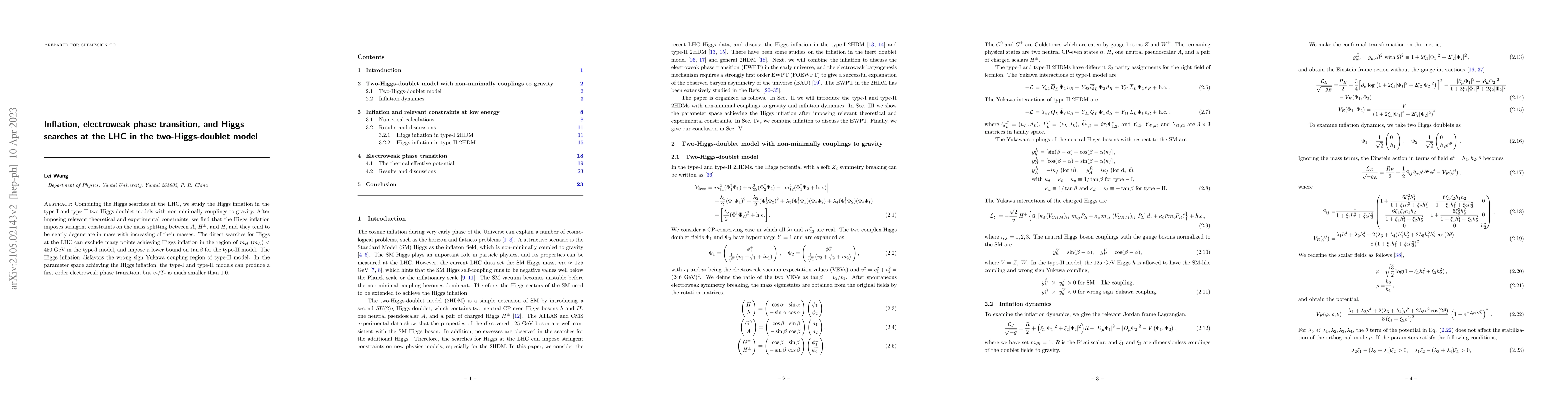 Thumbnail for Inflation, electroweak phase transition, and Higgs searches at the LHC
  in the two-Higgs-doublet model