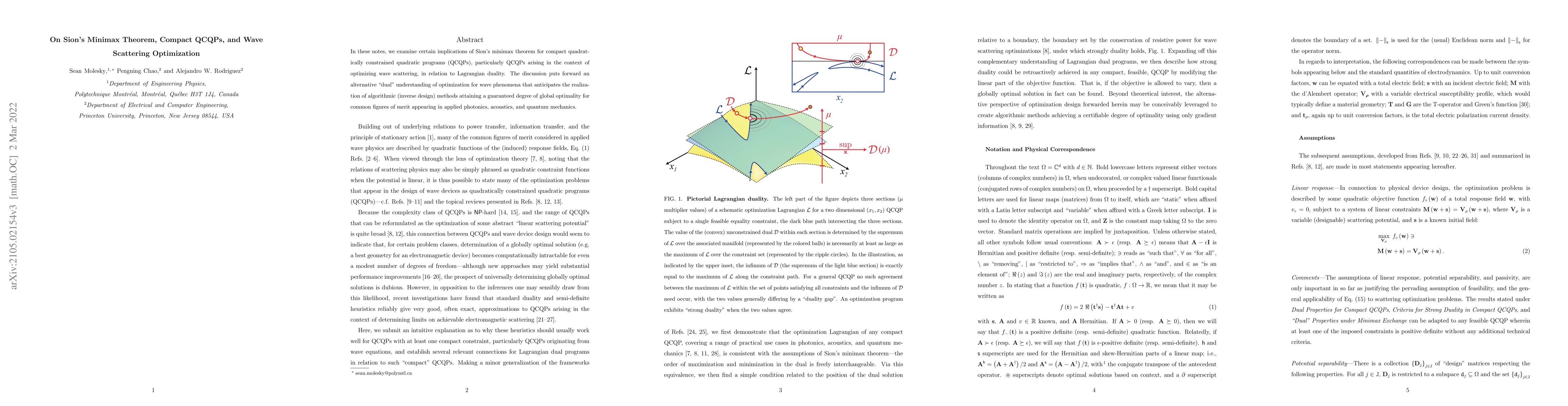 Thumbnail for On Sion's Minimax Theorem, Compact QCQPs, and Wave Scattering
  Optimization