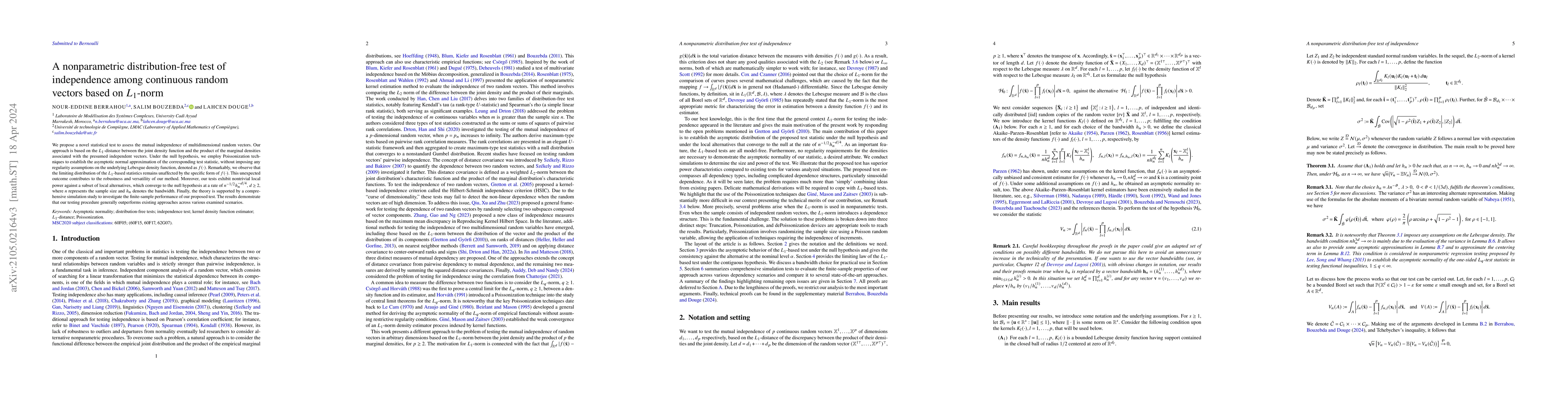 Thumbnail for A nonparametric distribution-free test of independence among continuous
  random vectors based on \texorpdfstring{$L_1$}{}-norm