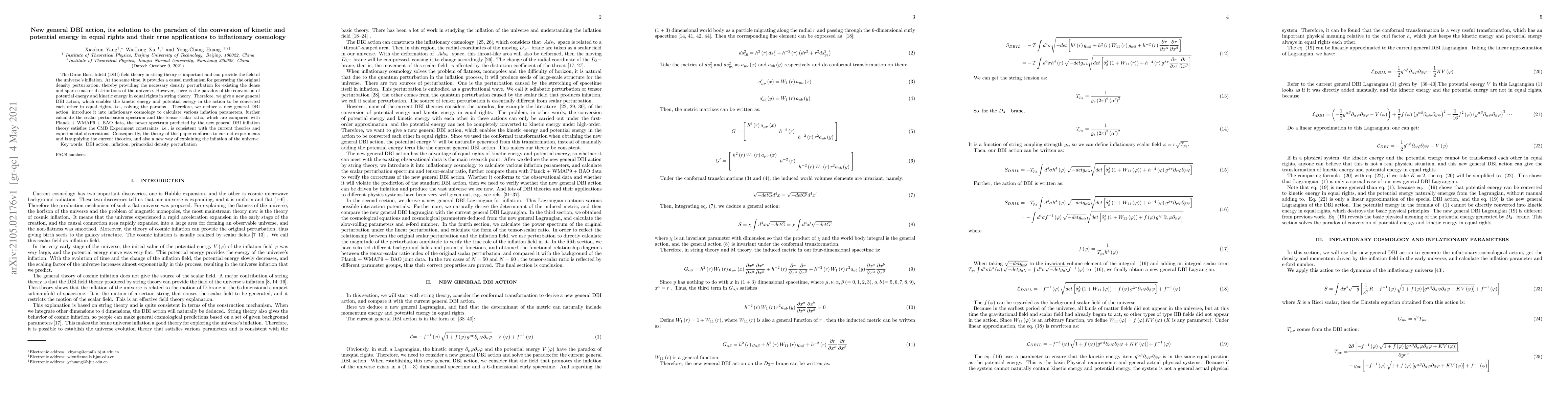Thumbnail for New general DBI action, its solution to the paradox of the conversion of
  kinetic and potential energy in equal rights and their true applications to
  inflationary cosmology