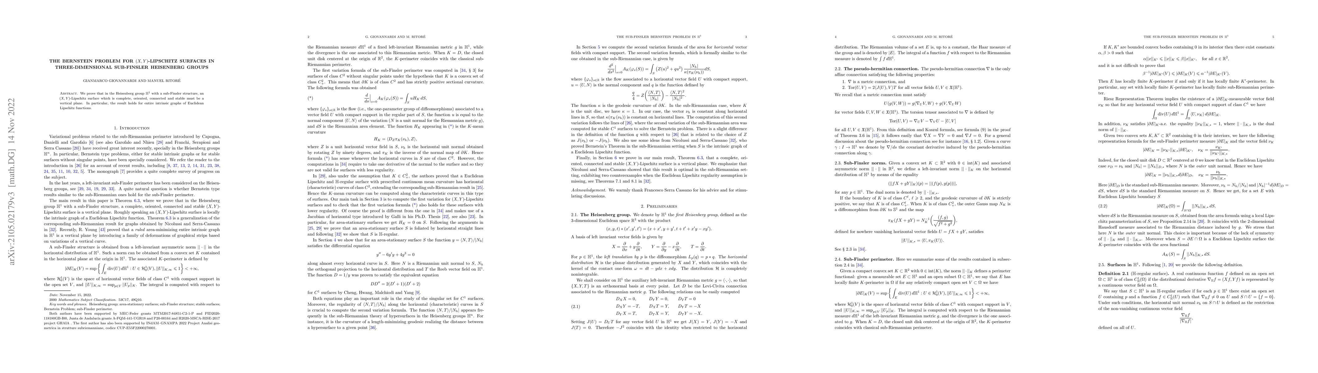 Thumbnail for The Bernstein problem for $(X,Y)$-Lipschitz surfaces in
  three-dimensional sub-Finsler Heisenberg groups