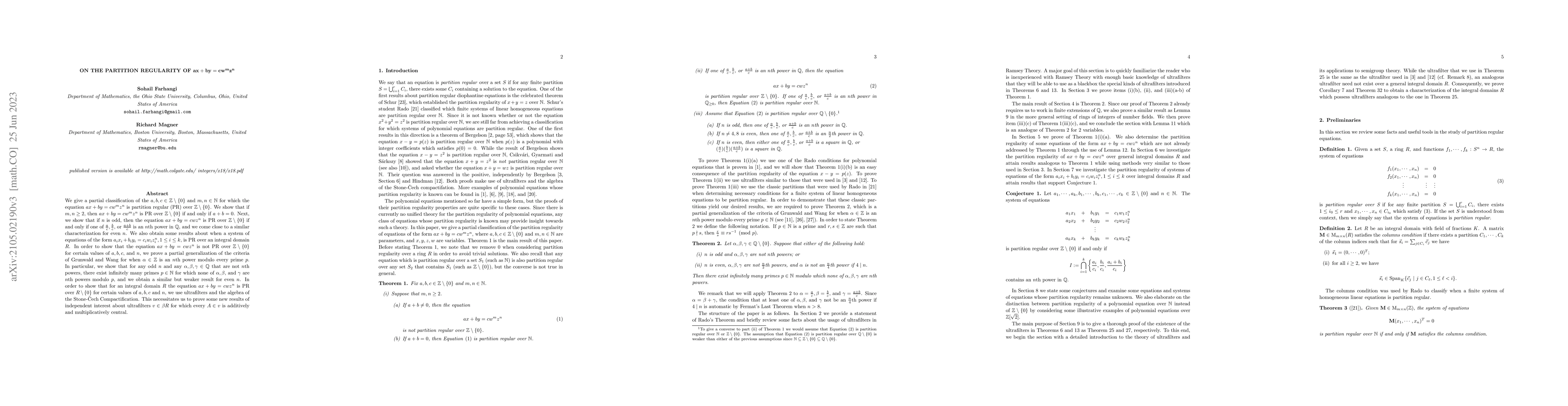 Thumbnail for On The Partition Regularity of $ax+by = cw^mz^n$