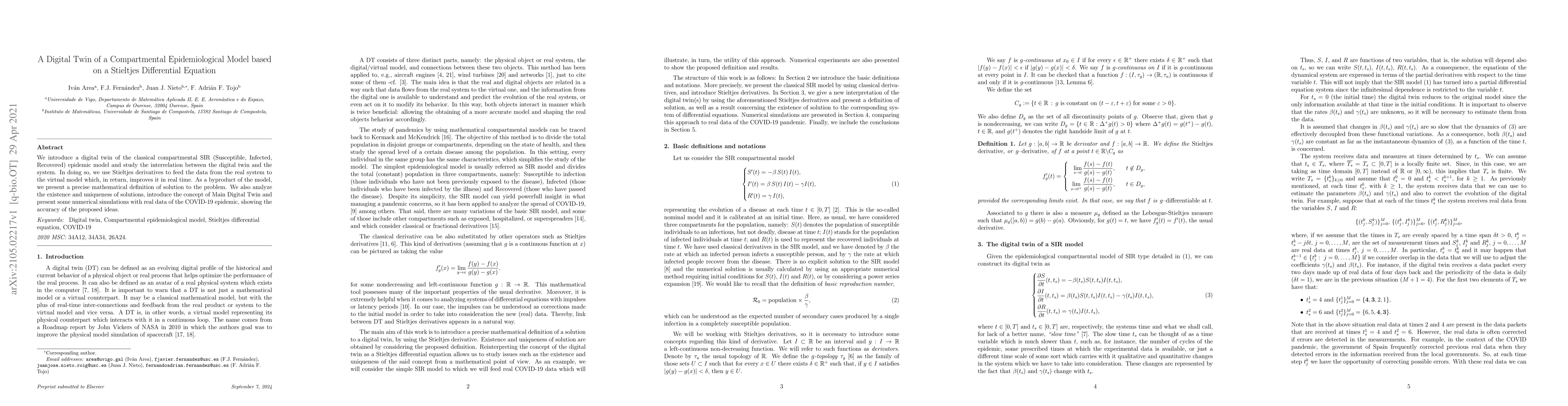 Thumbnail for A Digital Twin of a Compartmental Epidemiological Model based on a
  Stieltjes Differential Equation