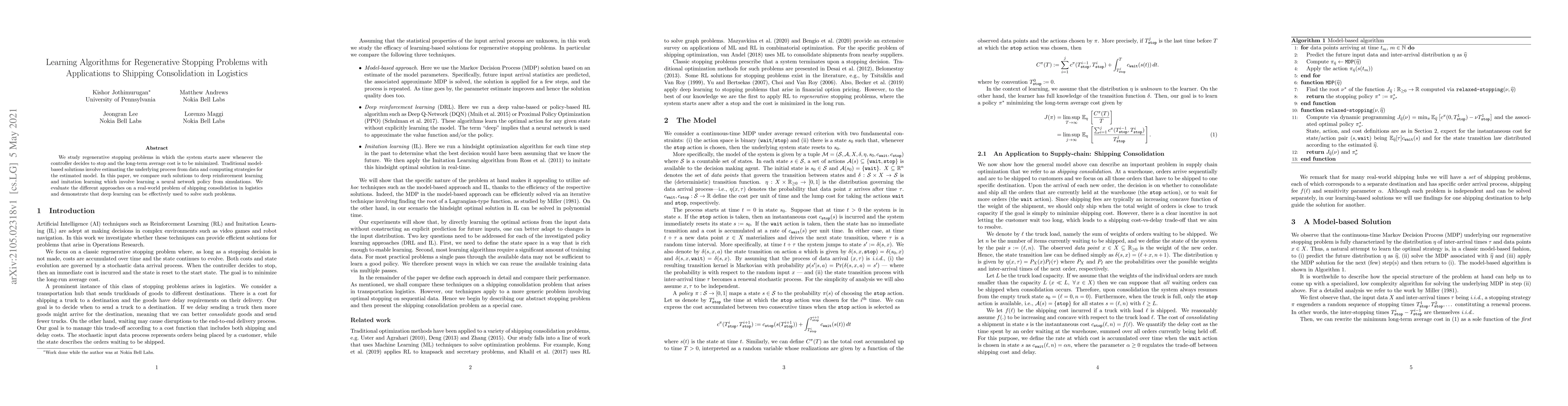 Thumbnail for Learning Algorithms for Regenerative Stopping Problems with Applications
  to Shipping Consolidation in Logistics