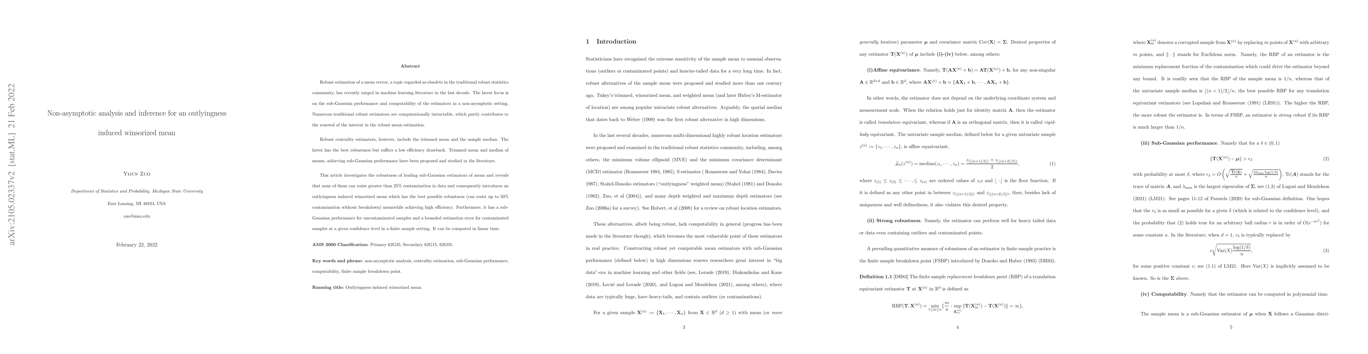 Thumbnail for Non-asymptotic analysis and inference for an outlyingness induced
  winsorized mean