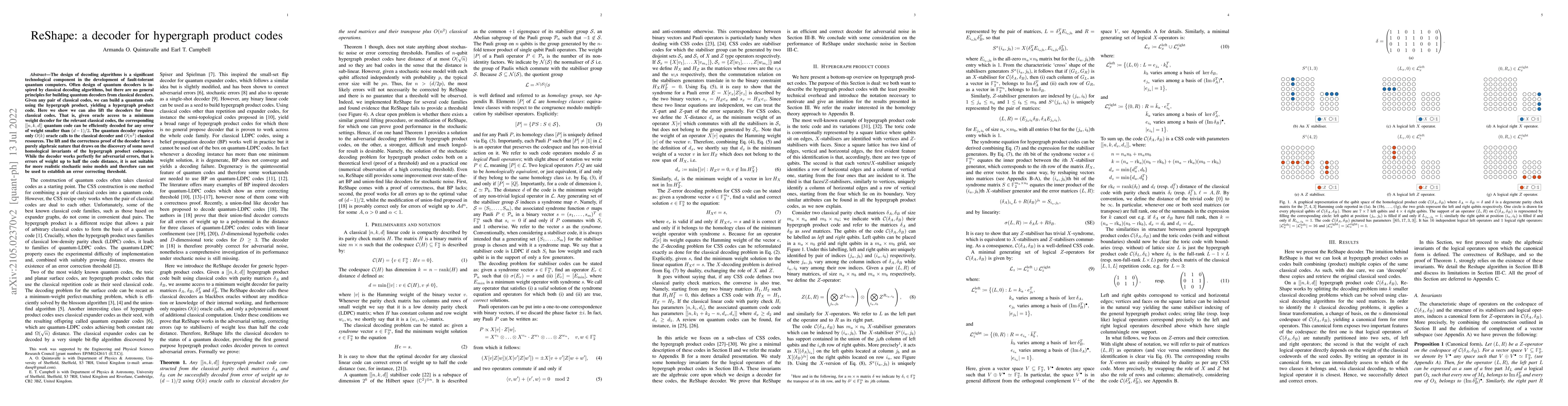 Thumbnail for ReShape: a decoder for hypergraph product codes