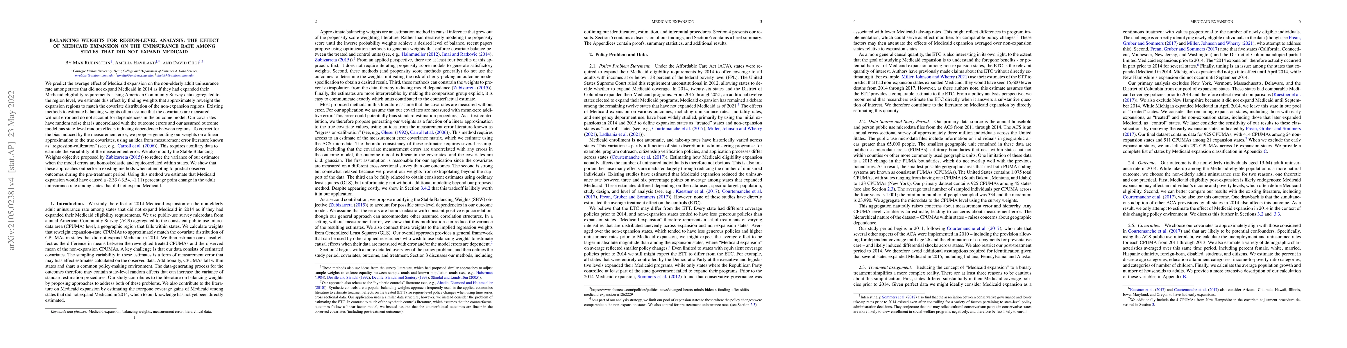Thumbnail for Balancing weights for region-level analysis: the effect of Medicaid
  Expansion on the uninsurance rate among states that did not expand Medicaid