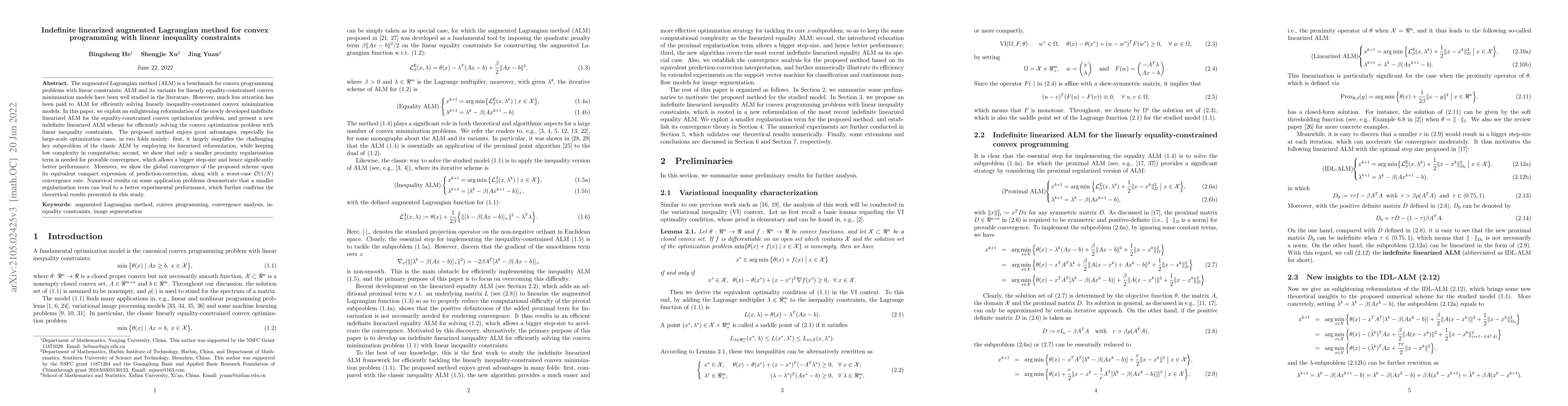 Thumbnail for Indefinite linearized augmented Lagrangian method for convex programming
  with linear inequality constraints