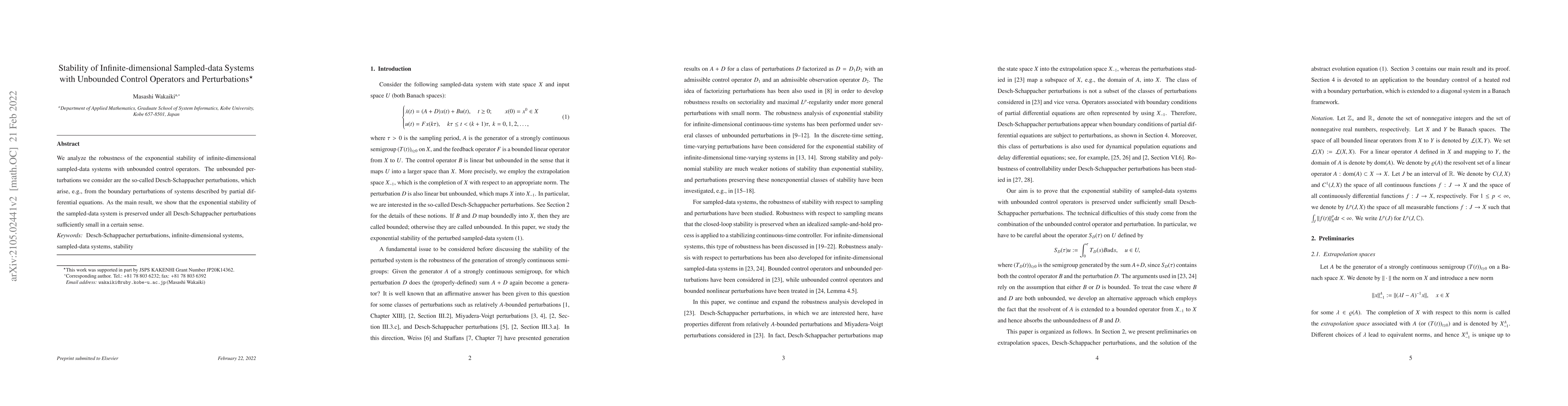 Thumbnail for Stability of Infinite-dimensional Sampled-data Systems with Unbounded
  Control Operators and Perturbations
