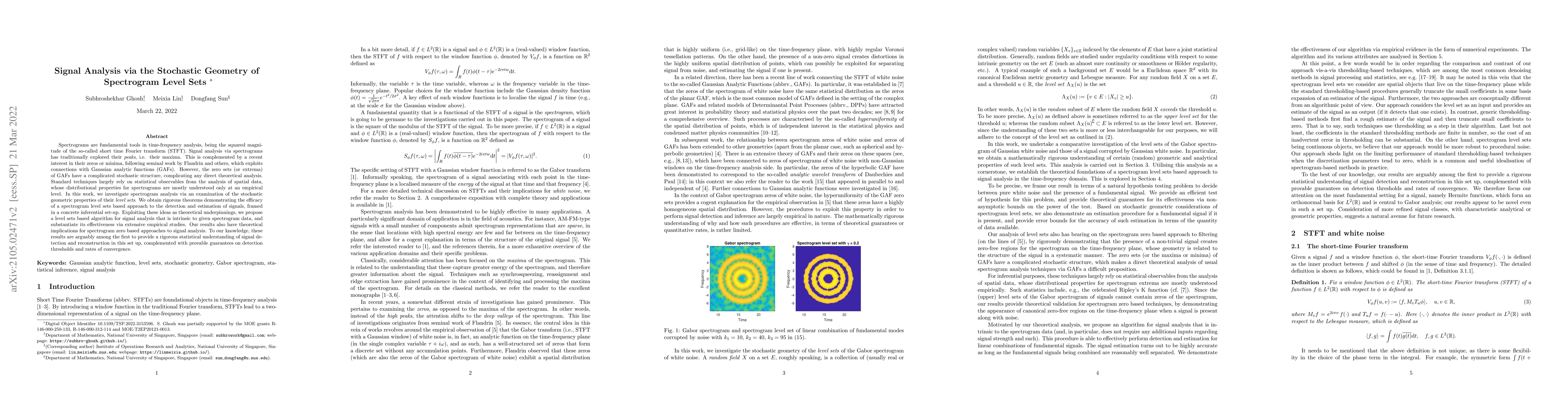 Thumbnail for Signal Analysis via the Stochastic Geometry of Spectrogram Level Sets