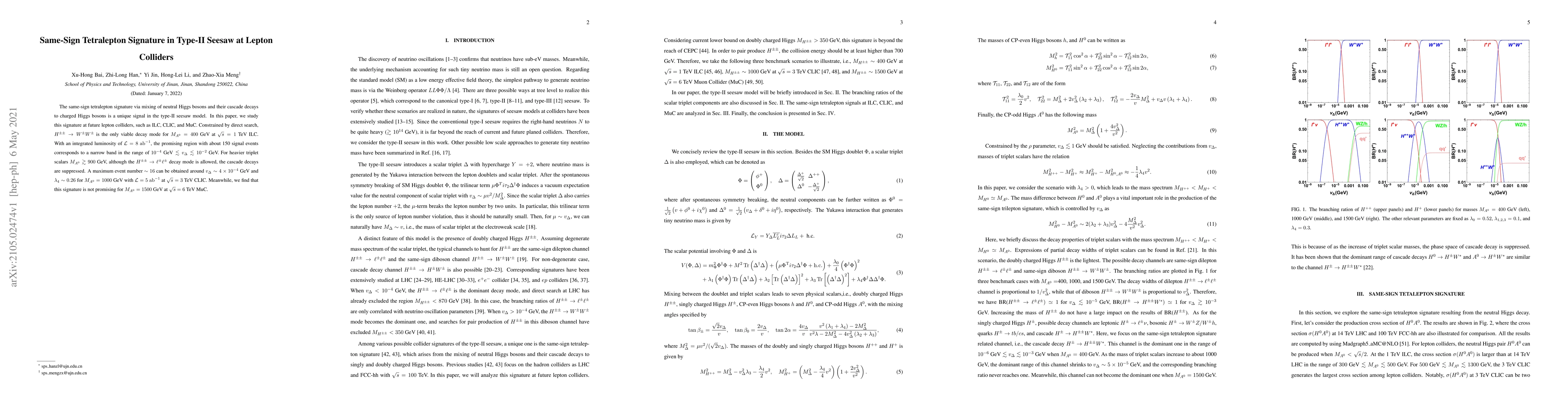 Thumbnail for Same-Sign Tetralepton Signature in Type-II Seesaw at Lepton Colliders