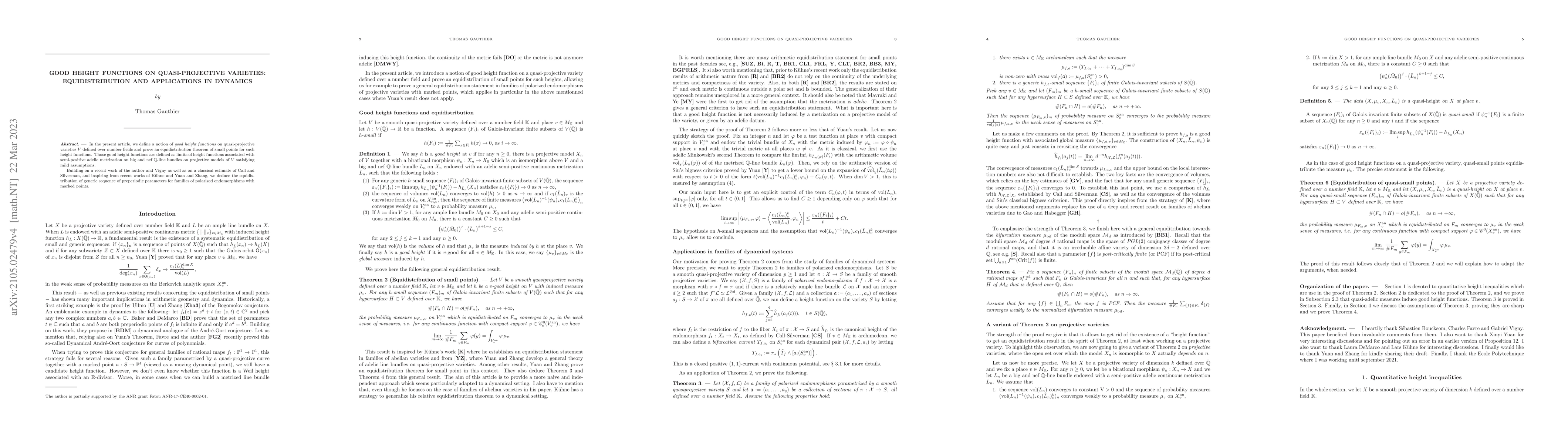 Thumbnail for Good height functions on quasi-projective varieties: equidistribution
  and applications in dynamics