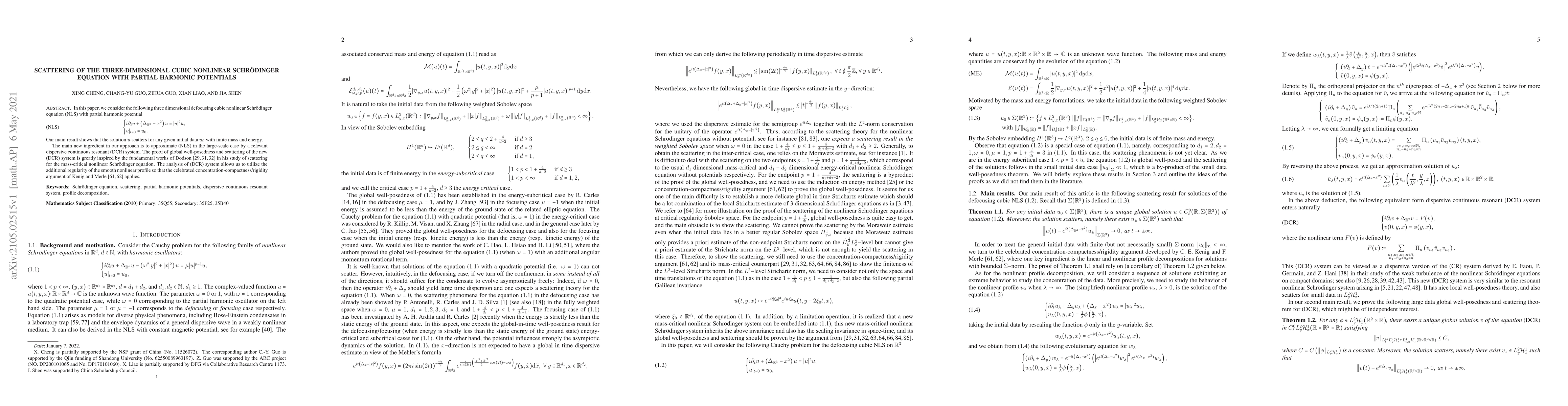 Thumbnail for Scattering of the three-dimensional cubic nonlinear Schr\"odinger
  equation with partial harmonic potentials