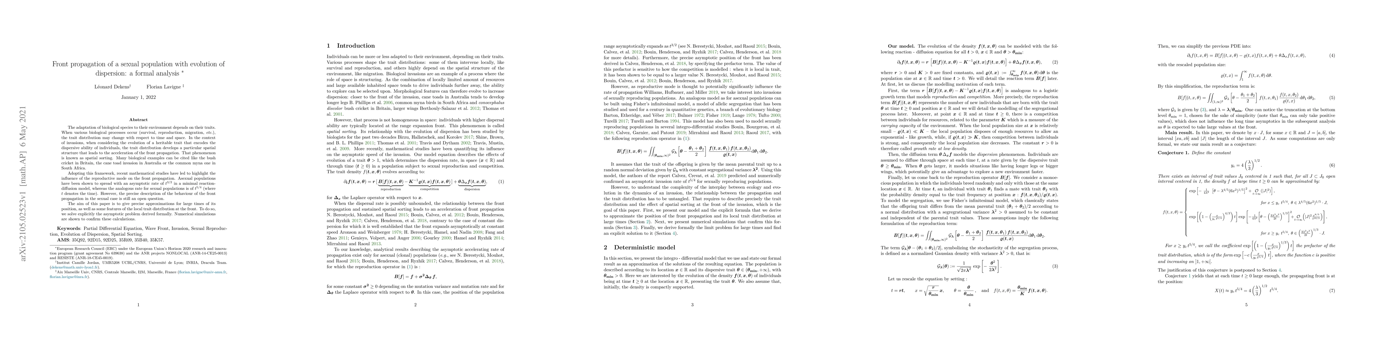Thumbnail for Front propagation of a sexual population with evolution of dispersion: a
  formal analysis